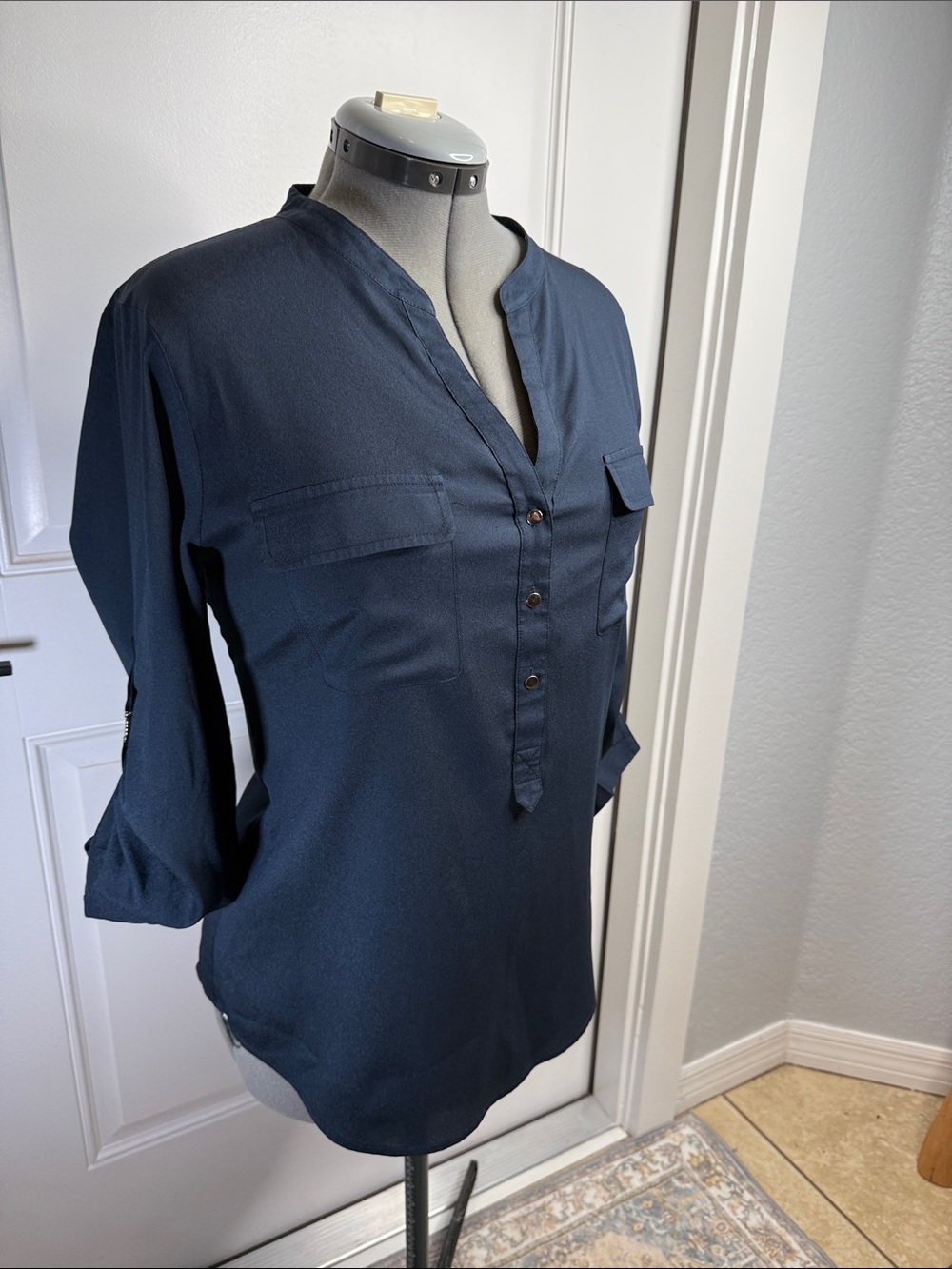 Ivanka Trump Navy Split-Neck Button Blouse